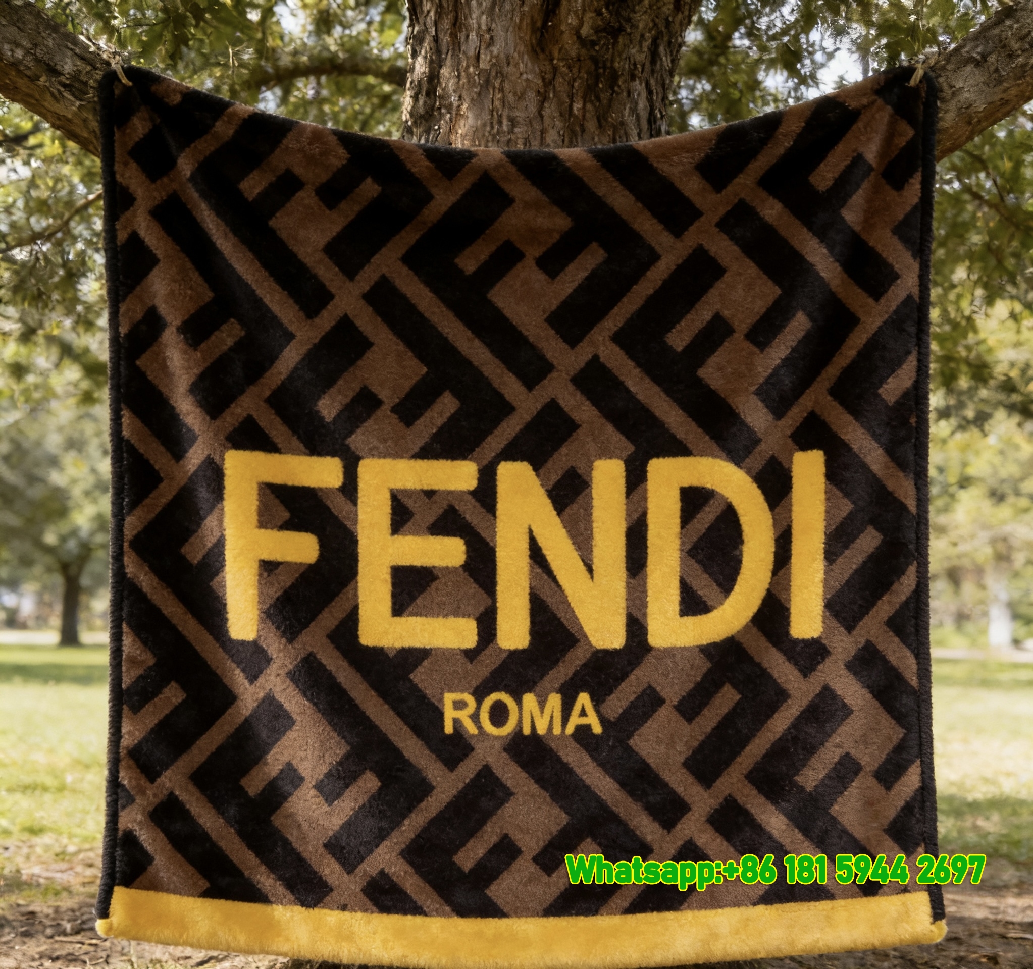 Fendi Yellow & Brown FF Monogram Flannel Sofa Throw Blanket IMG_9380